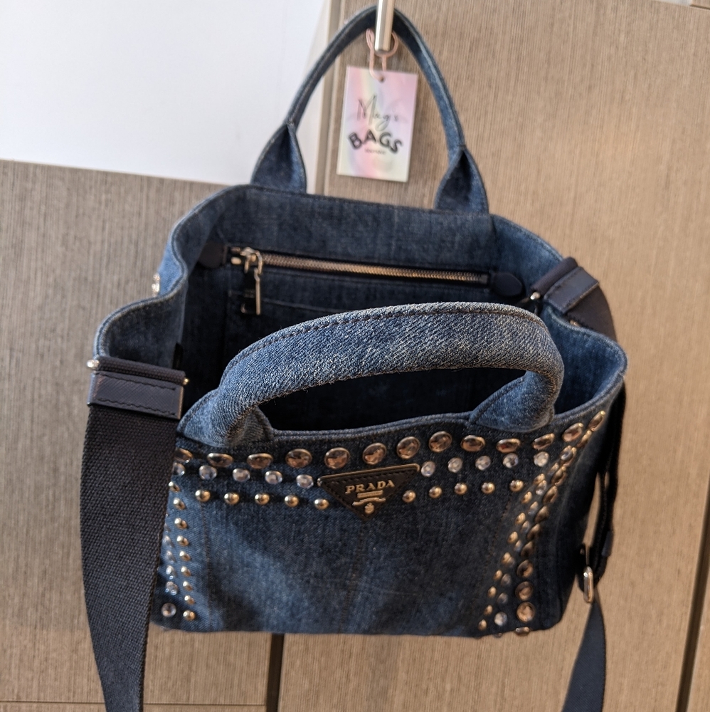 Prada: Denim Rhinestone Bijoux Canapa Crossbody Tote Bag ๐ - Picture 8 of 17
